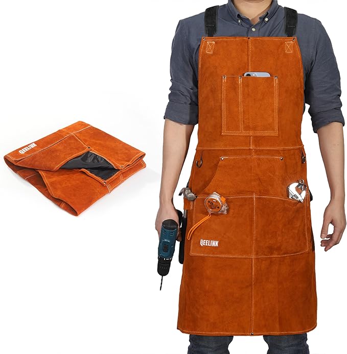 Leather Welding Work Apron with 6 Tool Pockets - 24" x 36", Adjustable M to XXXL