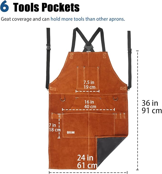 Leather Welding Work Apron with 6 Tool Pockets - 24" x 36", Adjustable M to XXXL