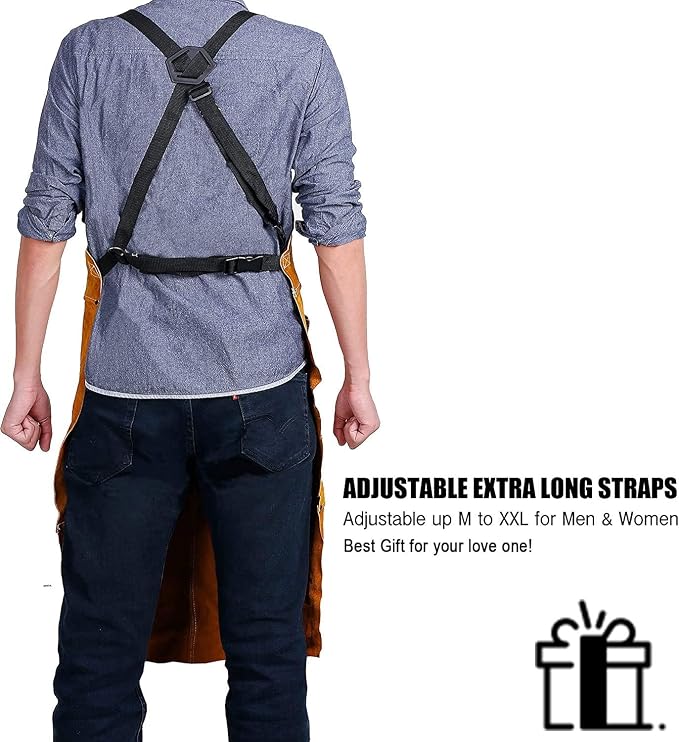 Leather Welding Work Apron with 6 Tool Pockets - 24" x 36", Adjustable M to XXXL