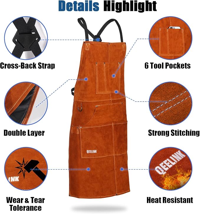 Leather Welding Work Apron with 6 Tool Pockets - 24" x 36", Adjustable M to XXXL