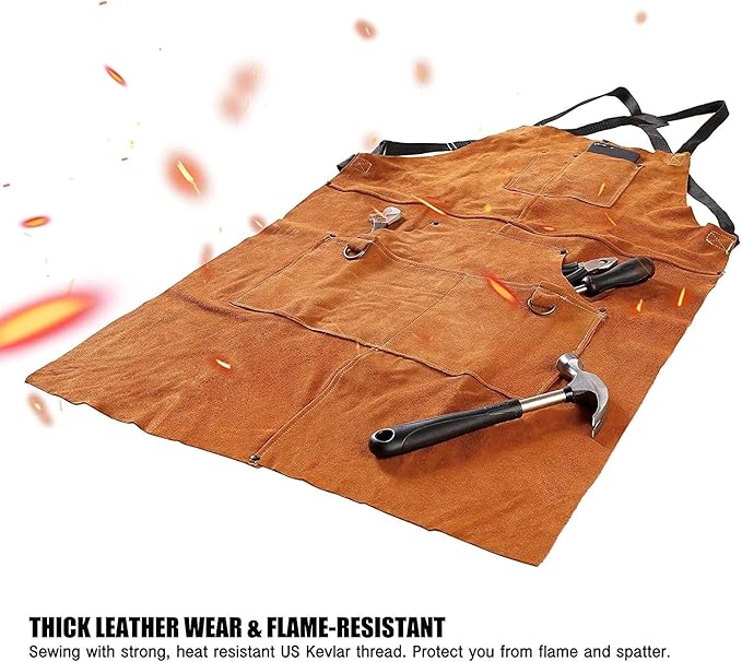 Leather Welding Work Apron with 6 Tool Pockets - 24" x 36", Adjustable M to XXXL