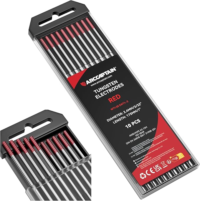 ARCCAPTAIN TIG Tungsten Electrode 10-Pack 3/32" x 7" – WT20 Red (EWTh-2)